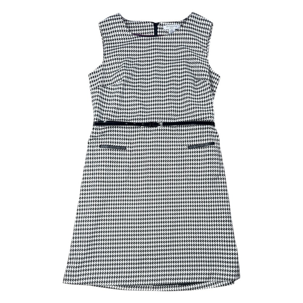 Liz Claiborne Black White Houndstooth Sheath Dress Belted Career Office 14P